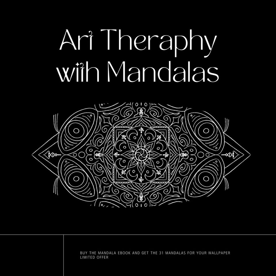 Art therapy with Mandalas. Mandala Ebook. Mandalas for coloring. White mandala in black background. Combat stress and anxiety with mandalas