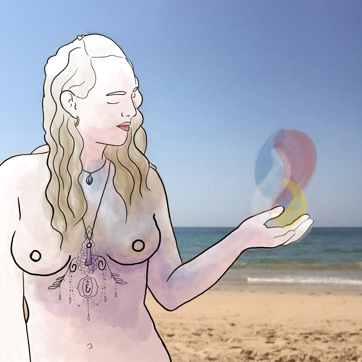 Naked woman at the beach. Woman’s body drawing in photo of beach. Magic and spiritual woman holding tree flame. Color energy expanding inside naked woman. Art therapy